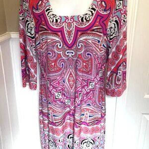 Ivy Lane Bright pink paisley square neck 3/4 sleeve shift dress.